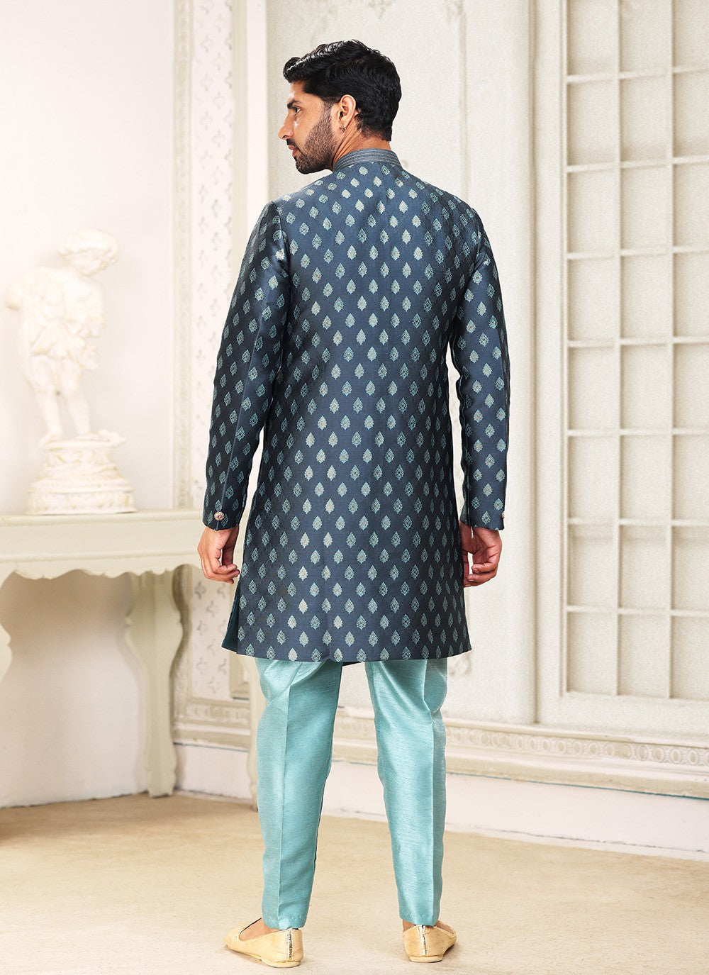 Fancy Work Banarasi Jacquard Grey Indo Western - M5213