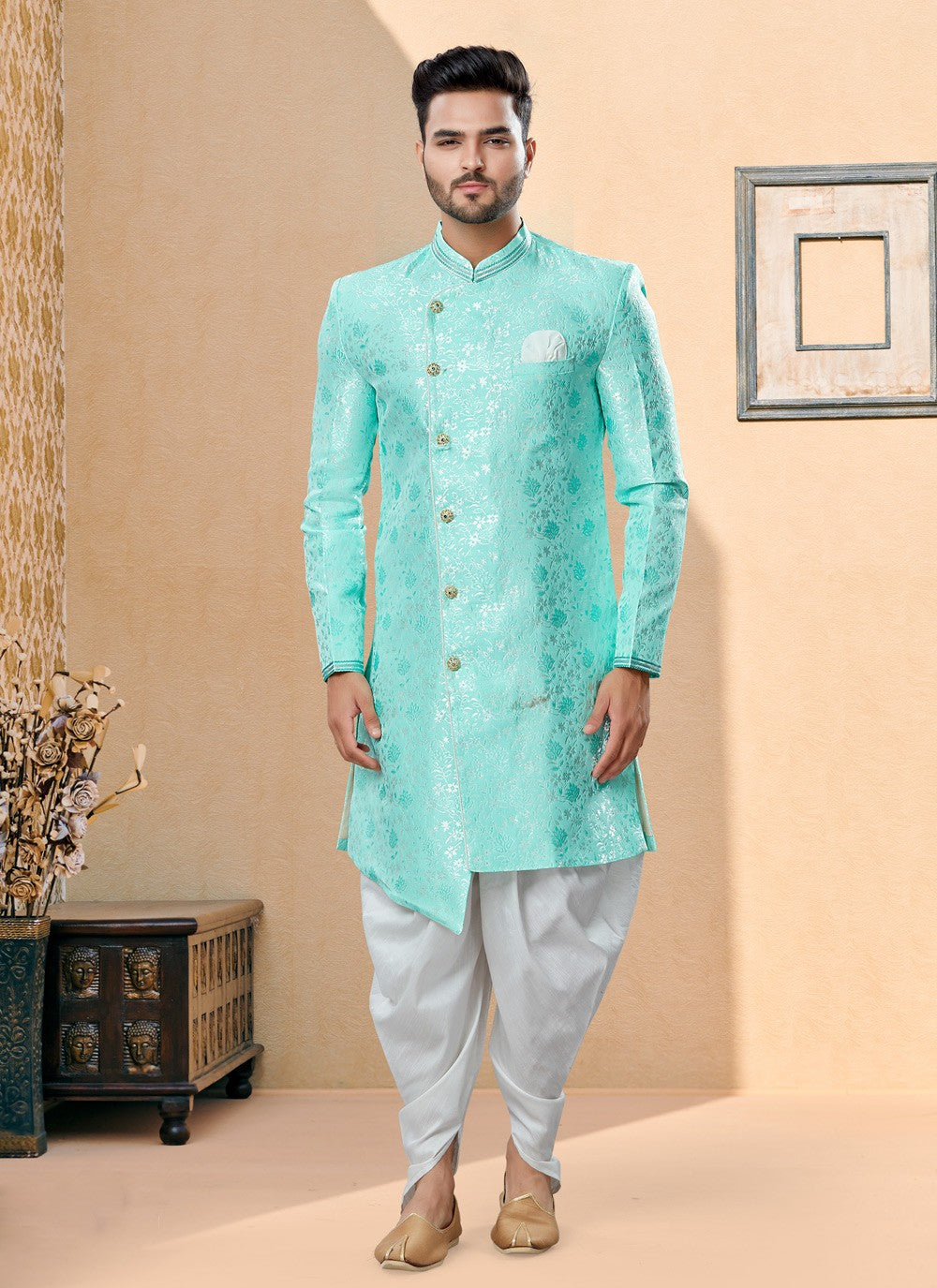 Thread Banarasi Jacquard Aqua Blue Indo Western Sherwani - M3878