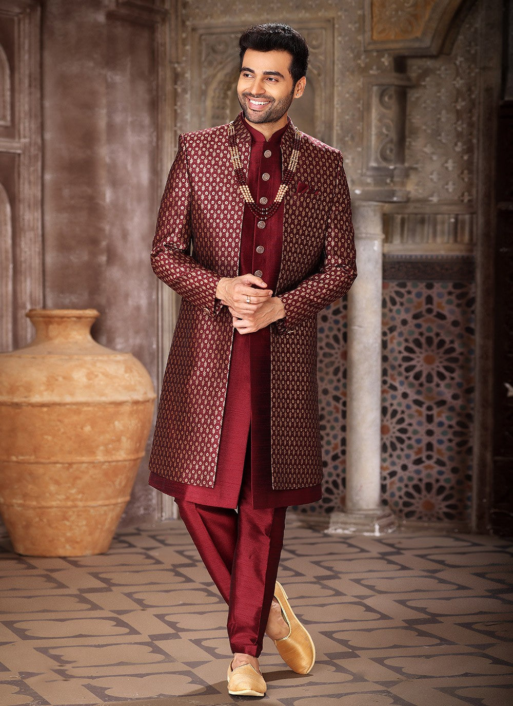 Fancy Work Art Silk, Banarasi Jacquard Wine Indo Western - M5271