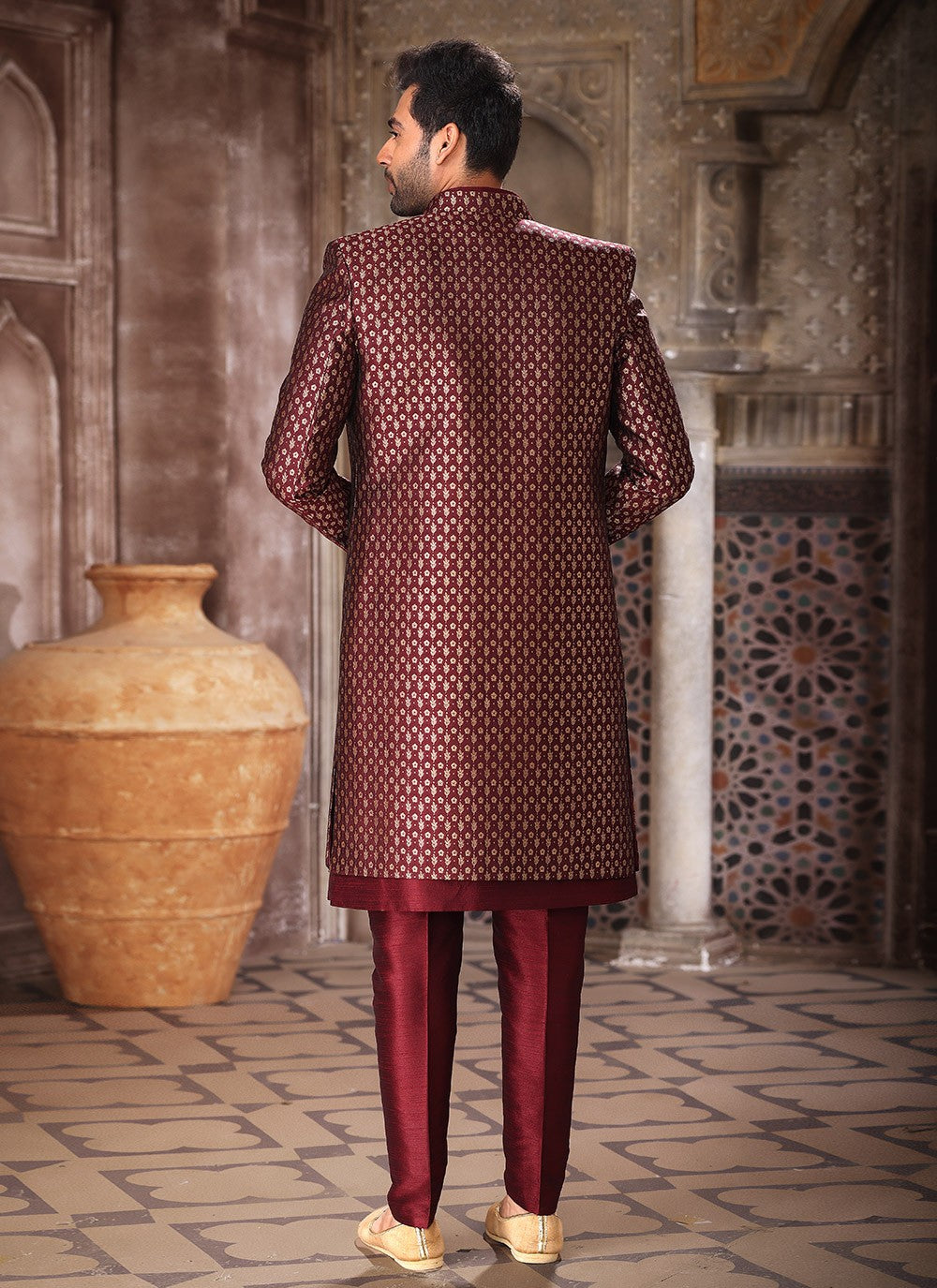 Fancy Work Art Silk, Banarasi Jacquard Wine Indo Western - M5271