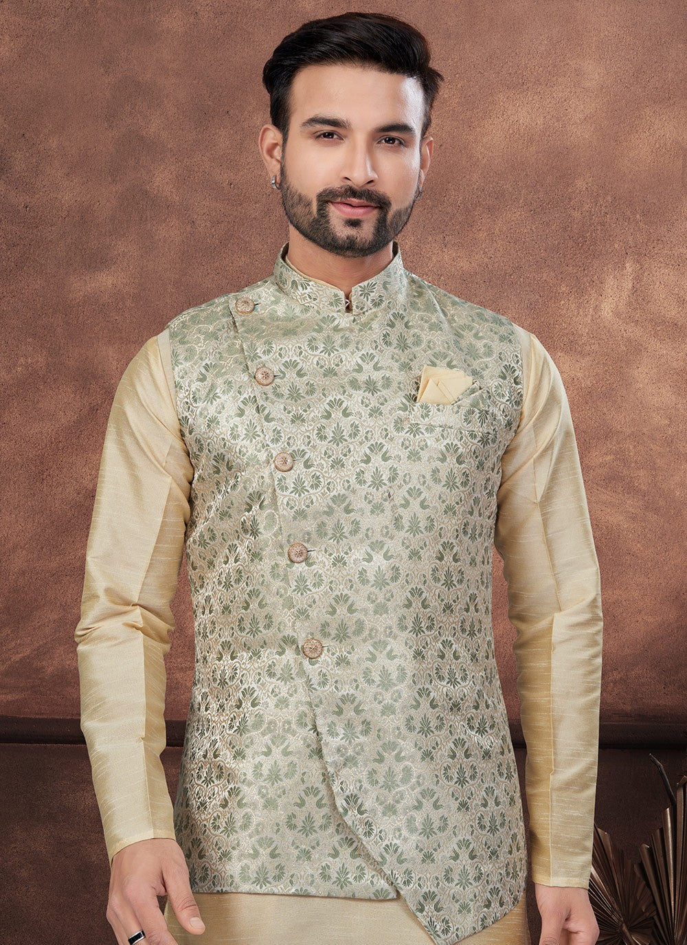 Buttons Banarasi Jacquard, Dupion Silk Brown, Green Kurta Payjama With Jacket - M8670