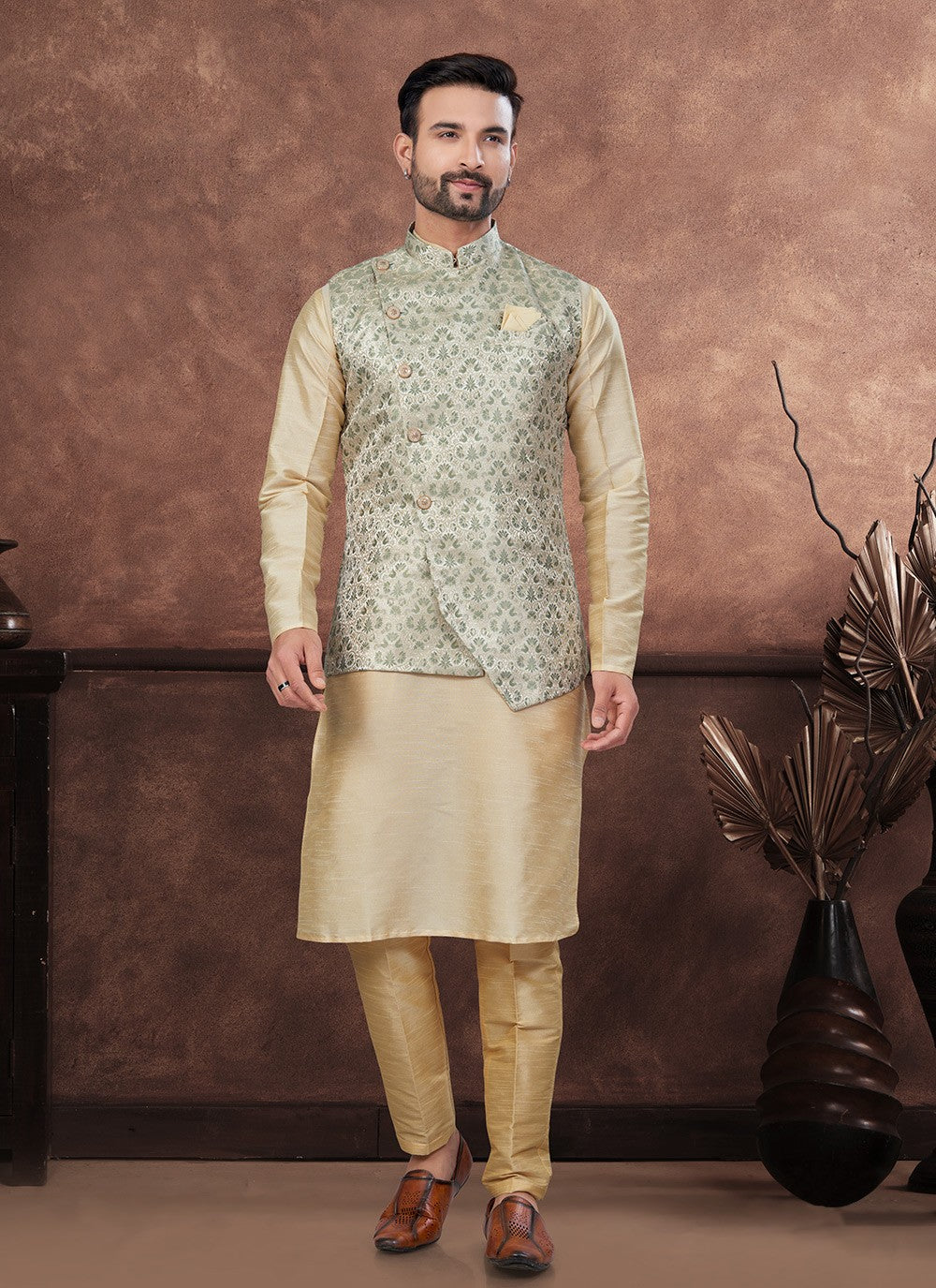 Buttons Banarasi Jacquard, Dupion Silk Brown, Green Kurta Payjama With Jacket - M8670