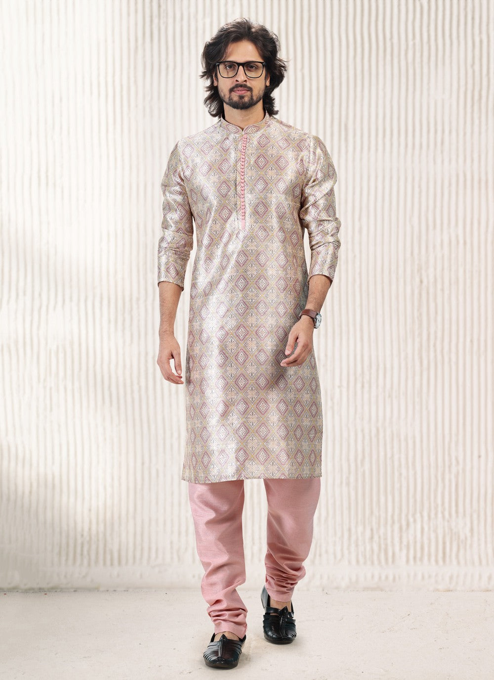 Fancy Work Banarasi Jacquard Cream, Peach Kurta Pyjama - M5176