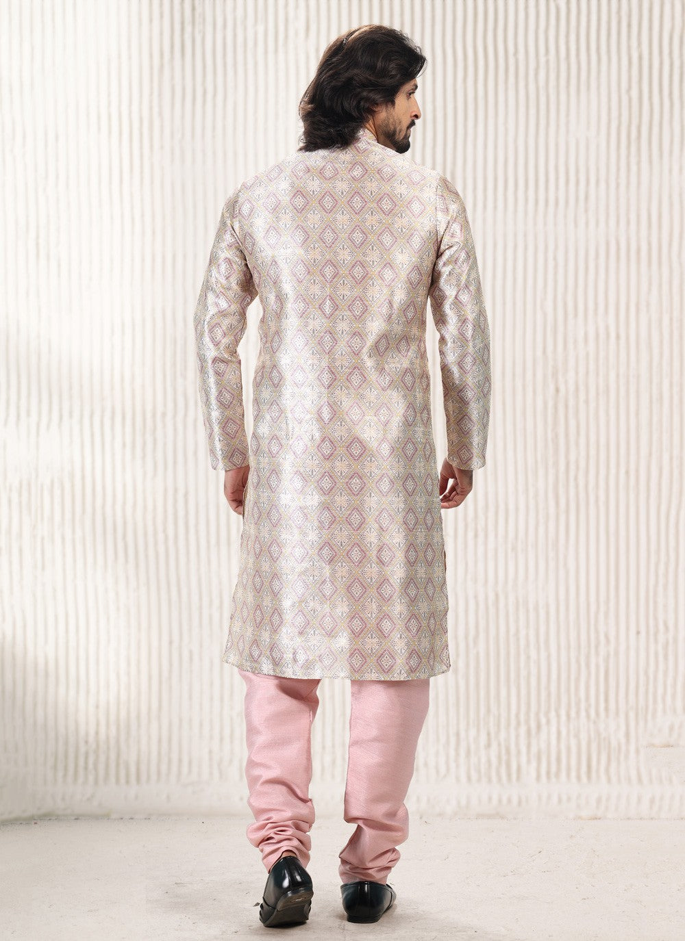 Fancy Work Banarasi Jacquard Cream, Peach Kurta Pyjama - M5176