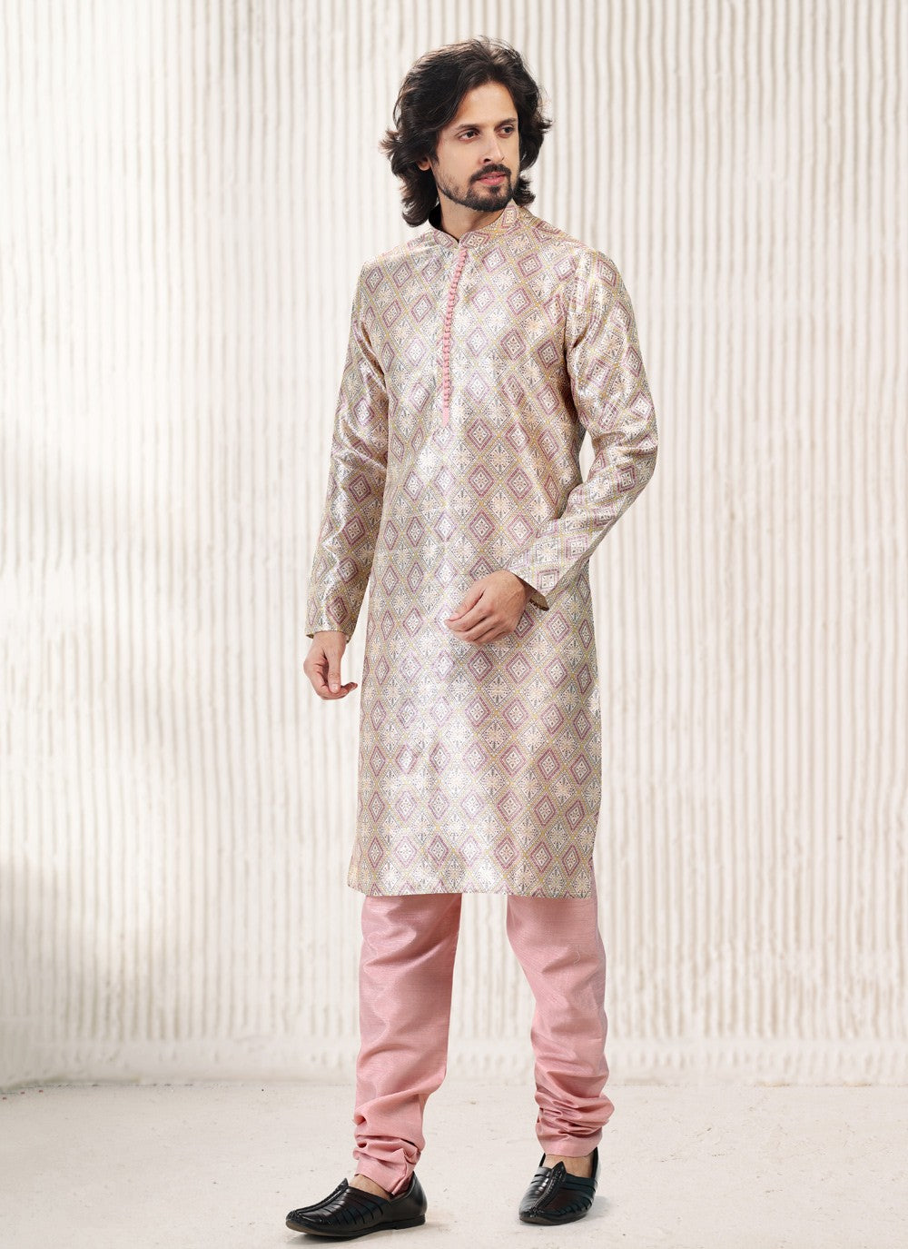 Fancy Work Banarasi Jacquard Cream, Peach Kurta Pyjama - M5176