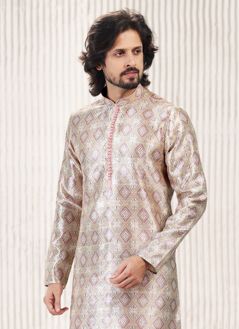 Fancy Work Banarasi Jacquard Cream, Peach Kurta Pyjama - M5176