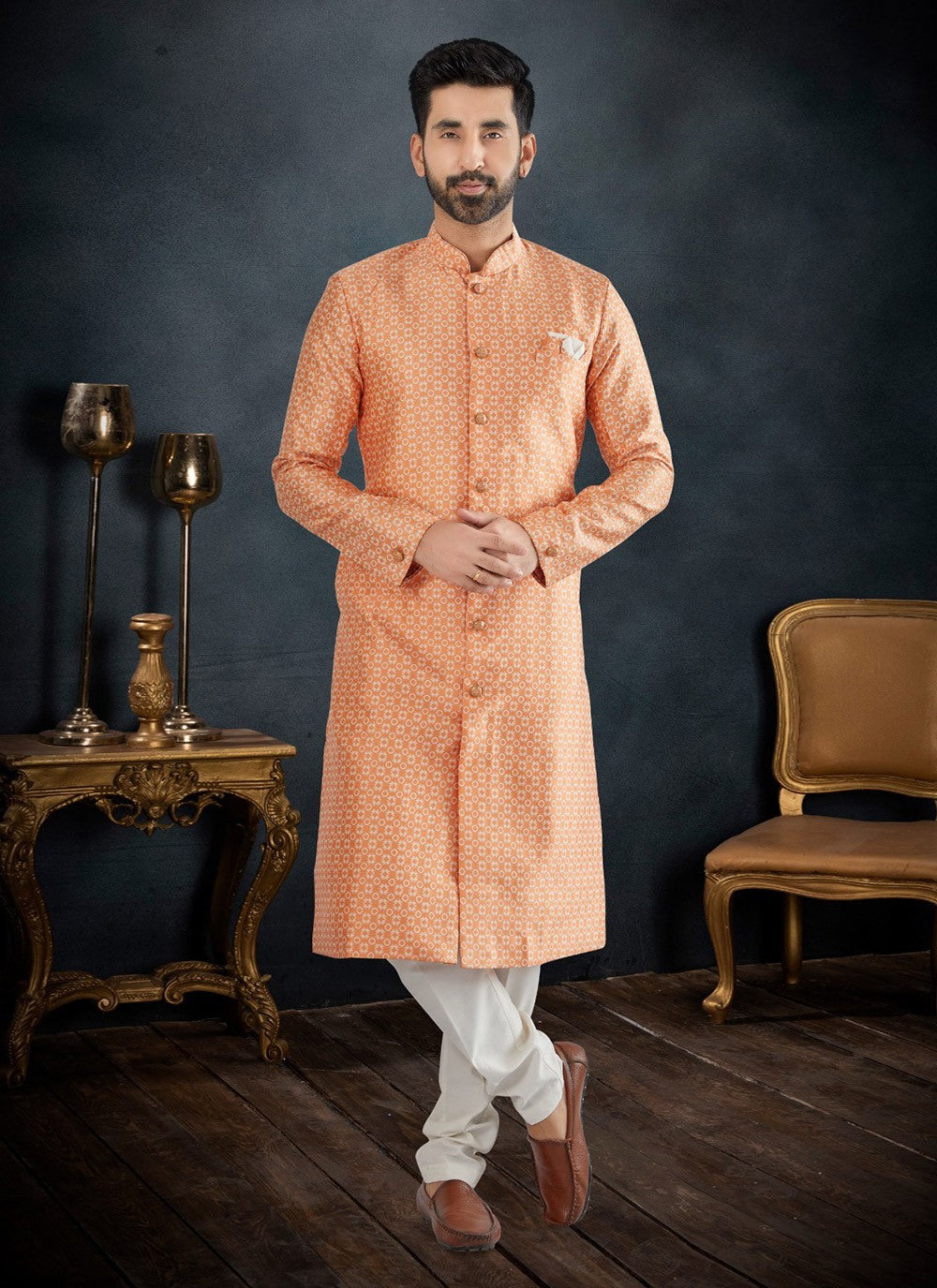 Embroidered Banarasi Jacquard Peach Kurta Pyjama - M7120