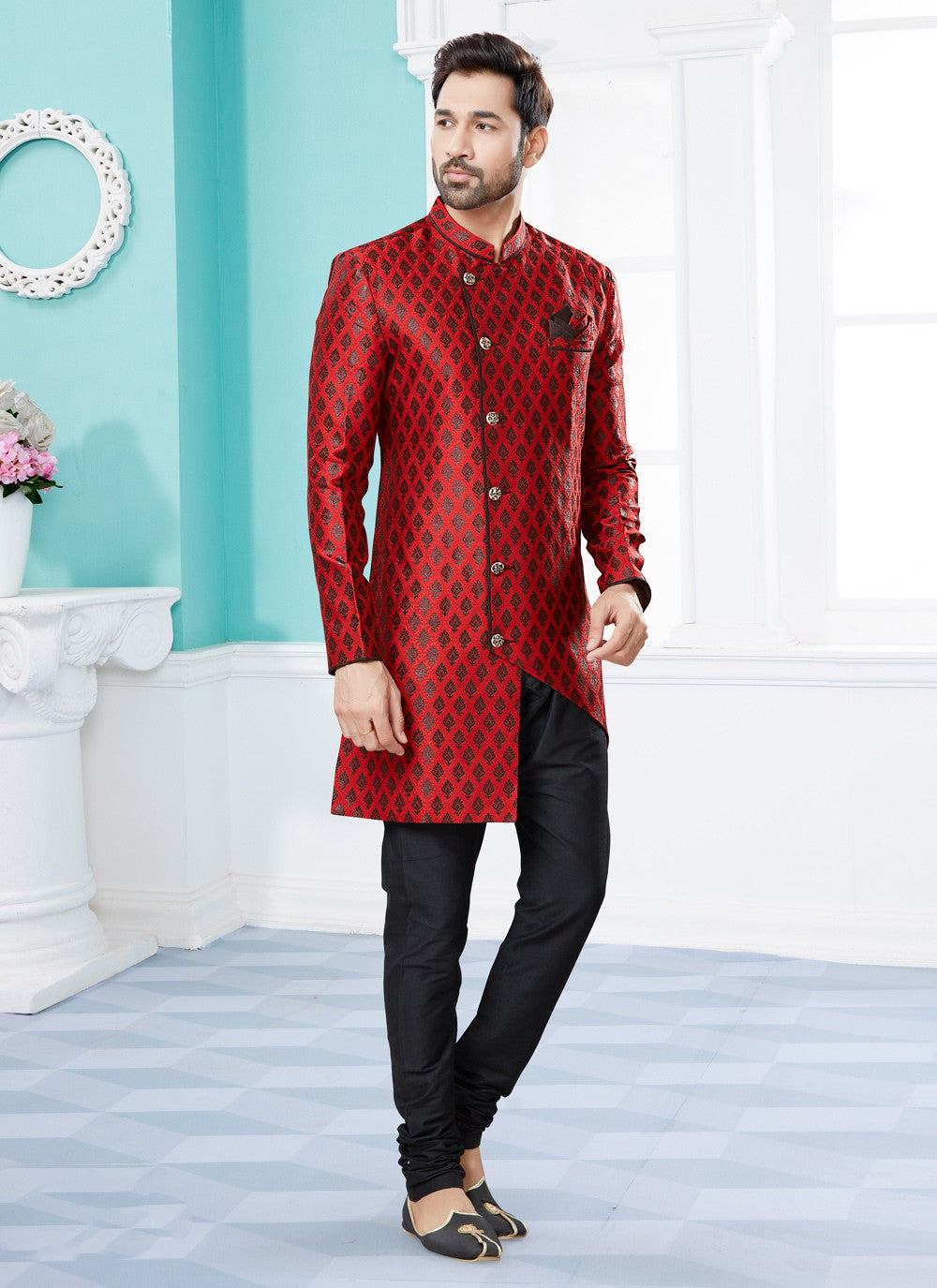 Embroidered Banarasi Jacquard Red Indo Western Sherwani - M3912