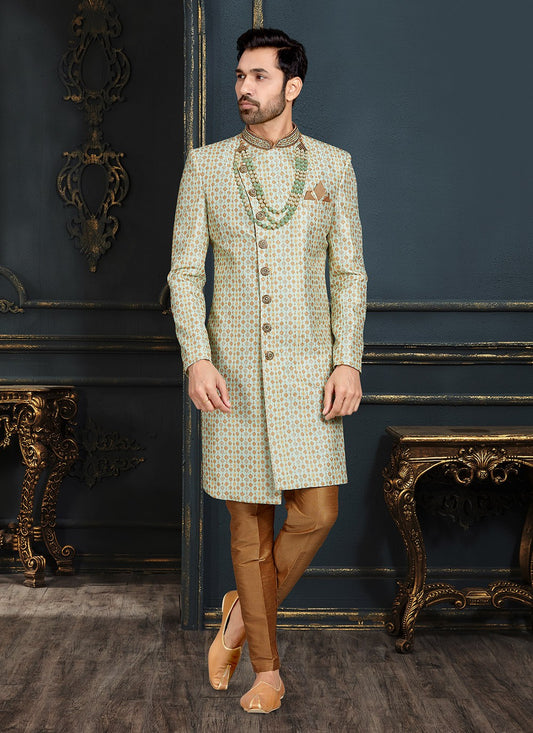 Embroidered Banarasi Jacquard Gold, Off White Sherwani - M3105