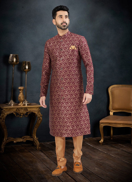 Embroidered Banarasi Jacquard Maroon Kurta Pyjama - M7128