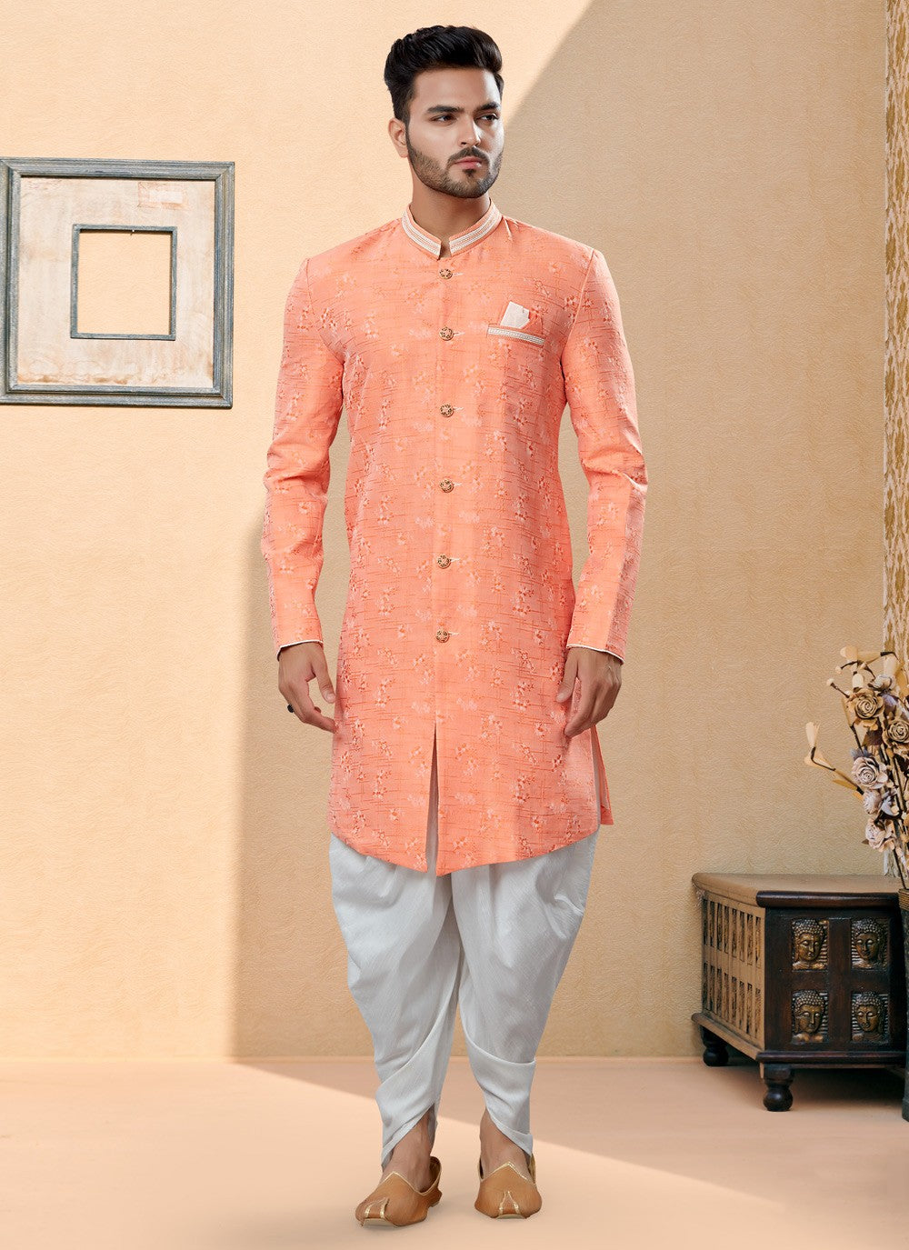 Thread Banarasi Jacquard Peach Indo Western Sherwani - M3887