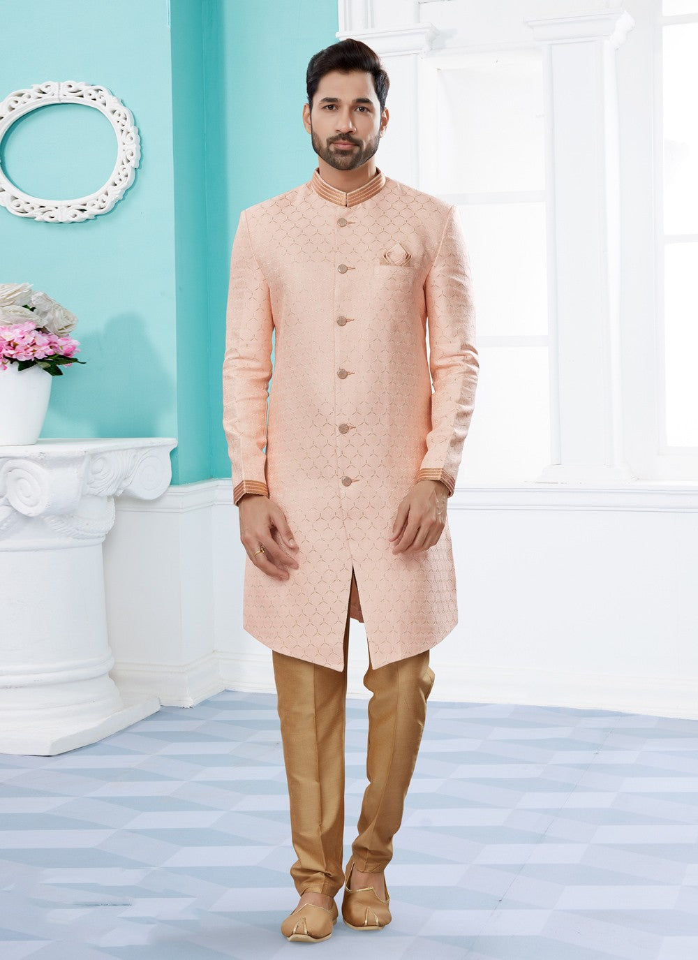 Thread Banarasi Jacquard Pink Indo Western Sherwani - M3922