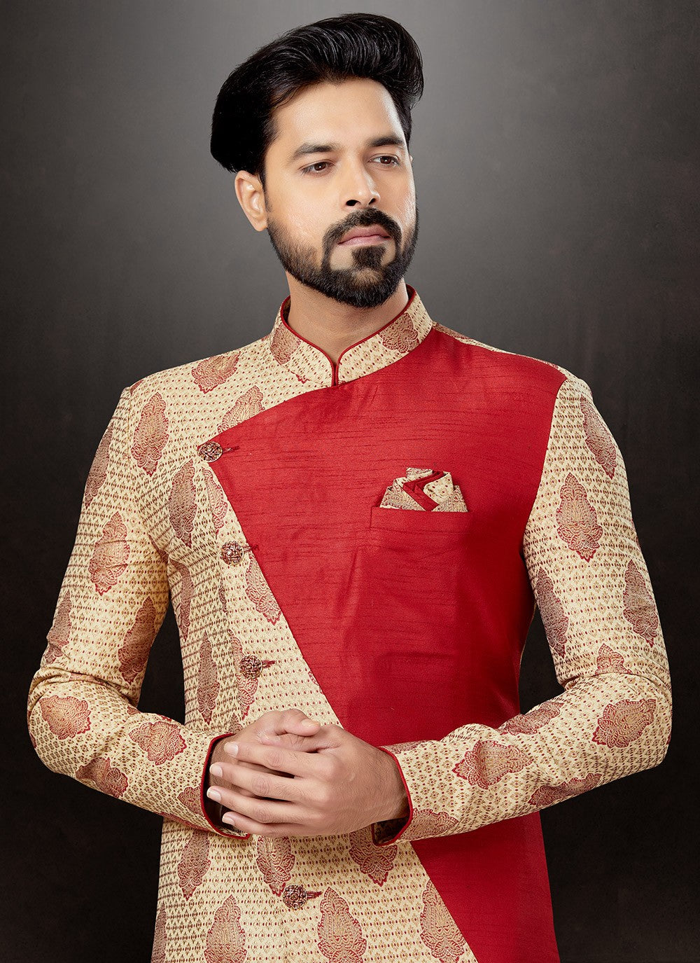 Embroidered Banarasi Jacquard Cream, Maroon Indo Western Sherwani - M4804