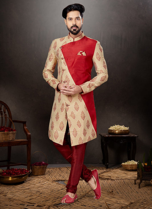 Embroidered Banarasi Jacquard Cream, Maroon Indo Western Sherwani - M4804