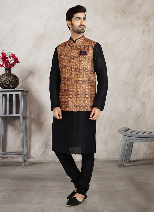 Printed Banarasi Silk Black, Brown Kurta Payjama With Jacket - M2729