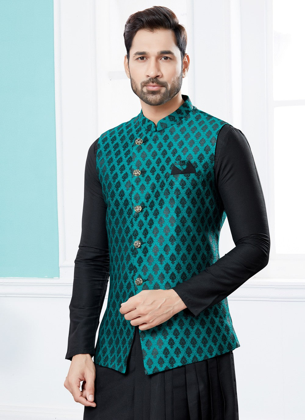 Jacquard Work Banarasi Silk, Dupion Silk Black, Green Indo Western - M4038