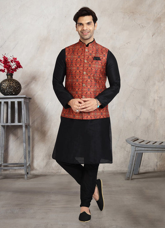 Printed Banarasi Silk Black, Red Kurta Payjama With Jacket - M2728