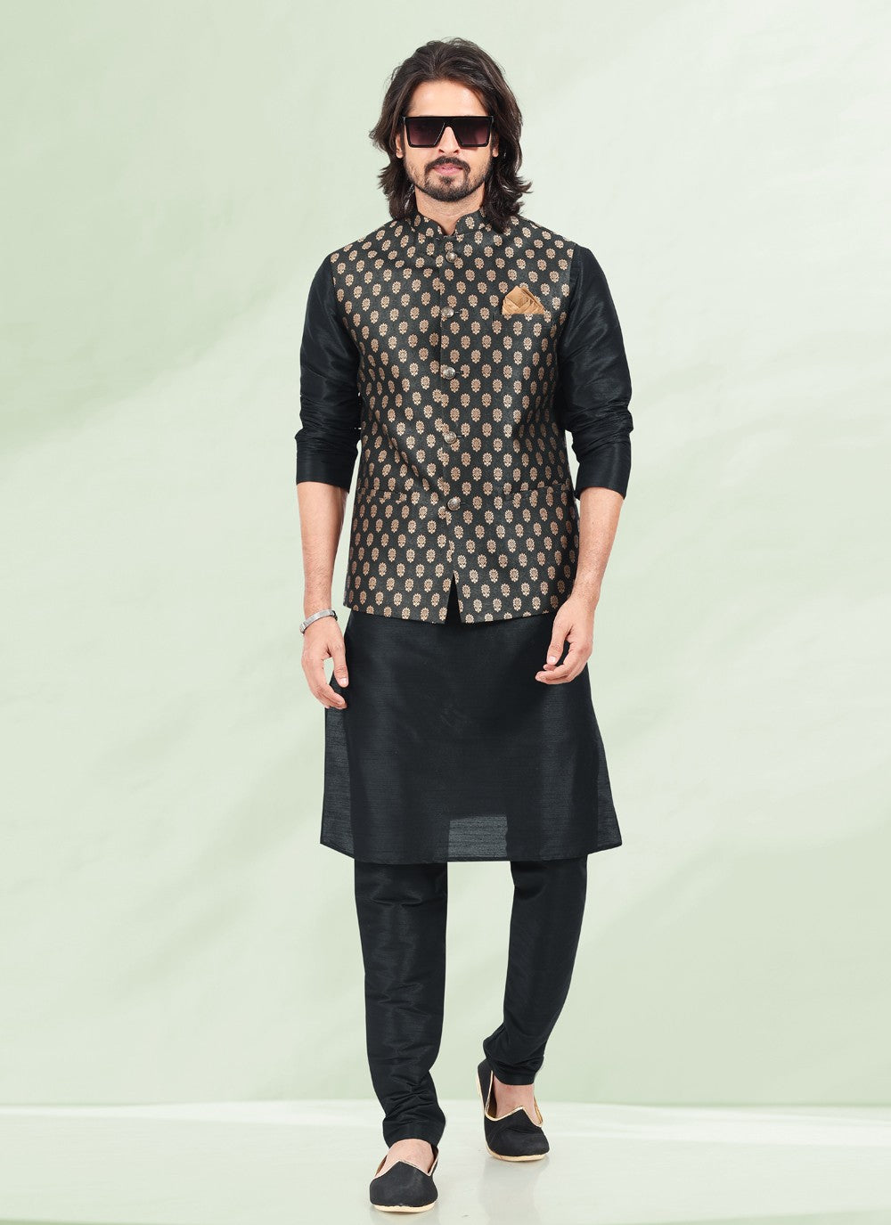 Jacquard Work Banarasi Silk, Jacquard Black Kurta Payjama With Jacket - M4879