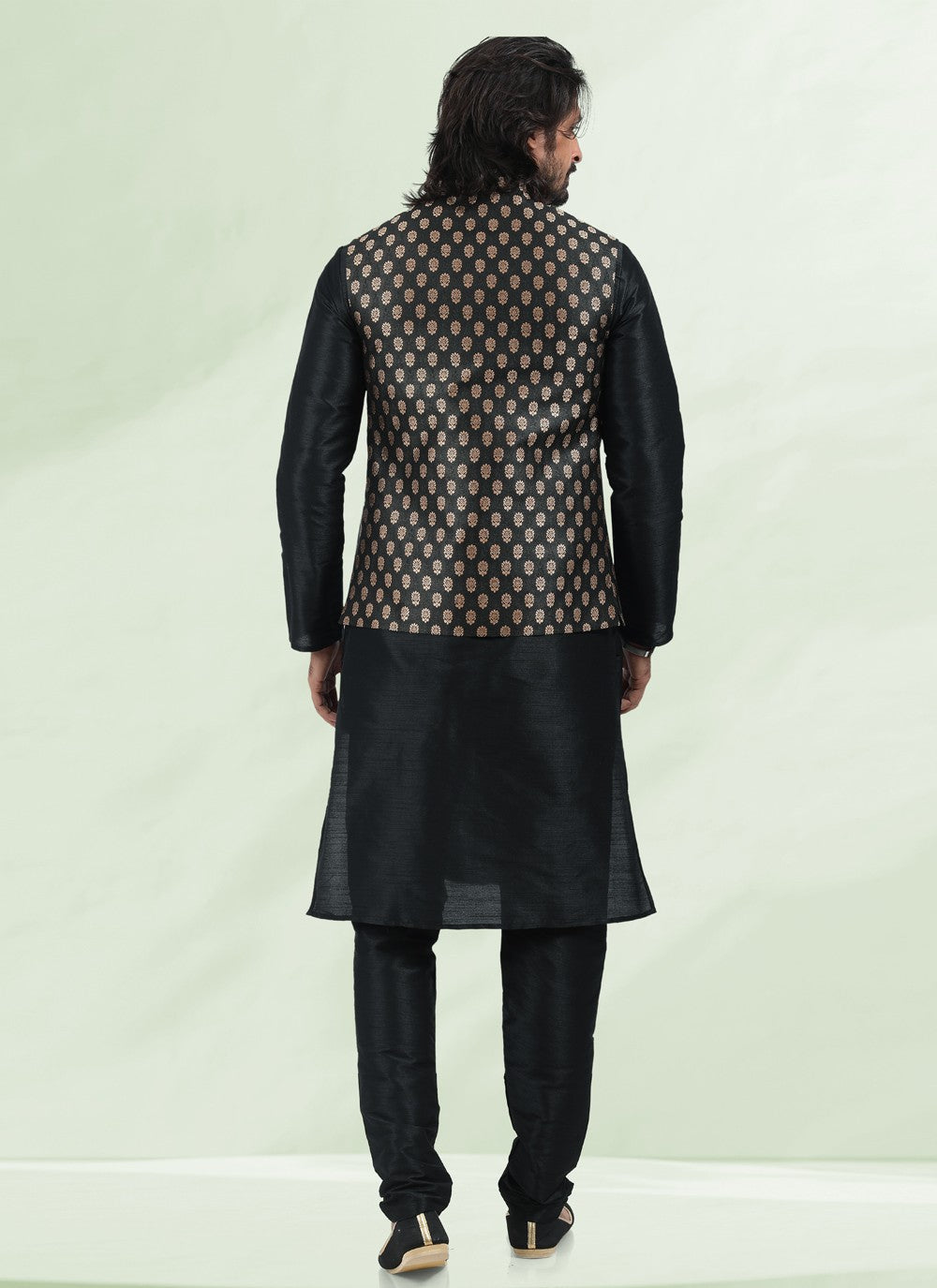 Jacquard Work Banarasi Silk, Jacquard Black Kurta Payjama With Jacket - M4879