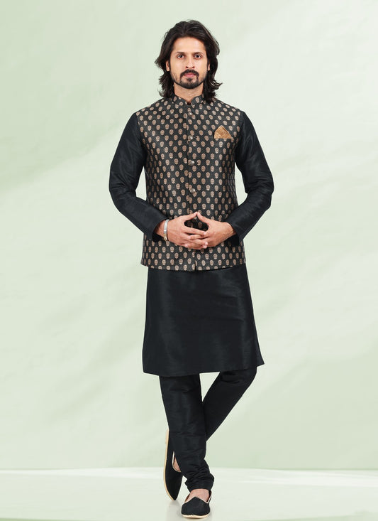 Jacquard Work Banarasi Silk, Jacquard Black Kurta Payjama With Jacket - M4879