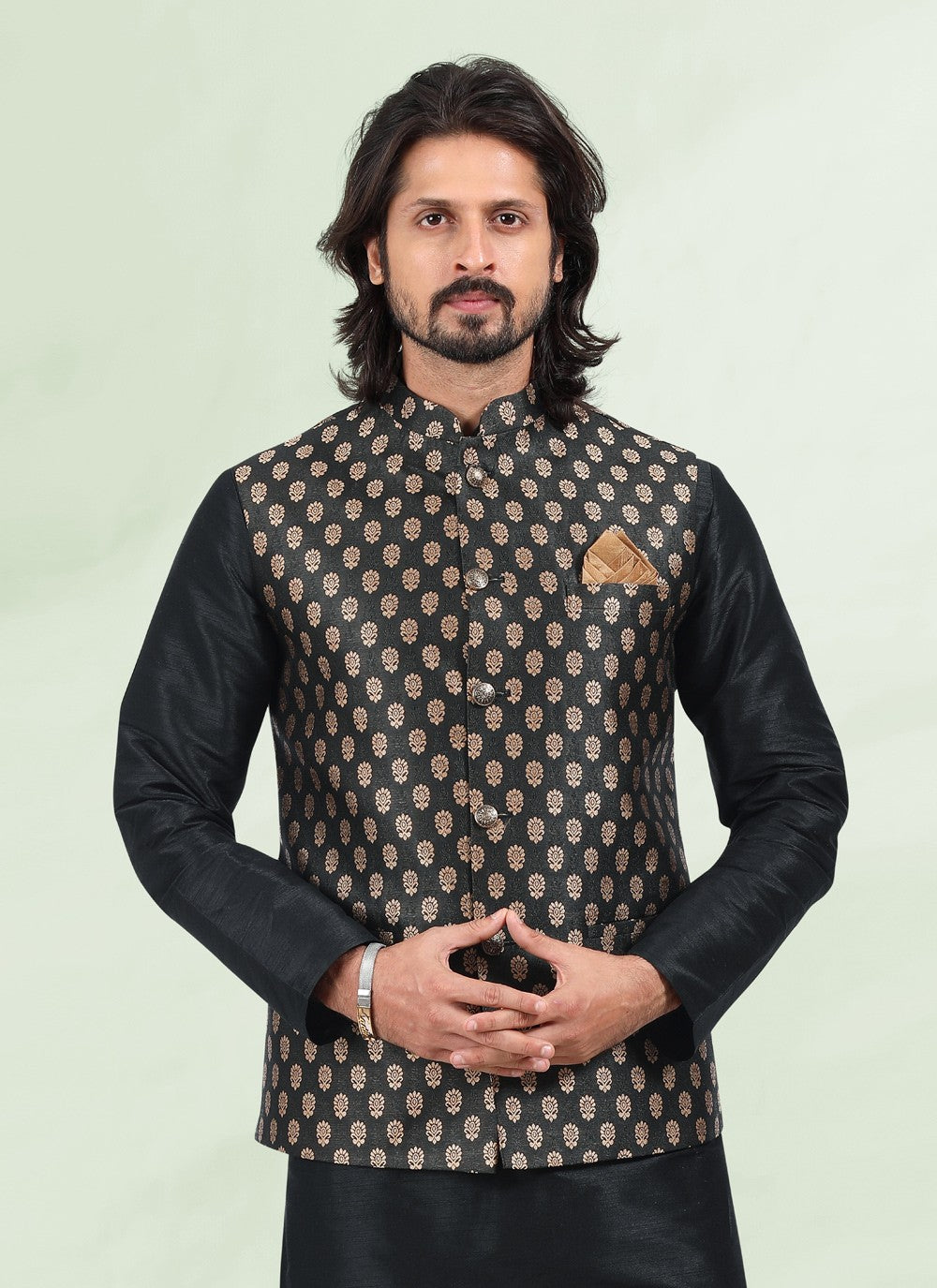 Jacquard Work Banarasi Silk, Jacquard Black Kurta Payjama With Jacket - M4879