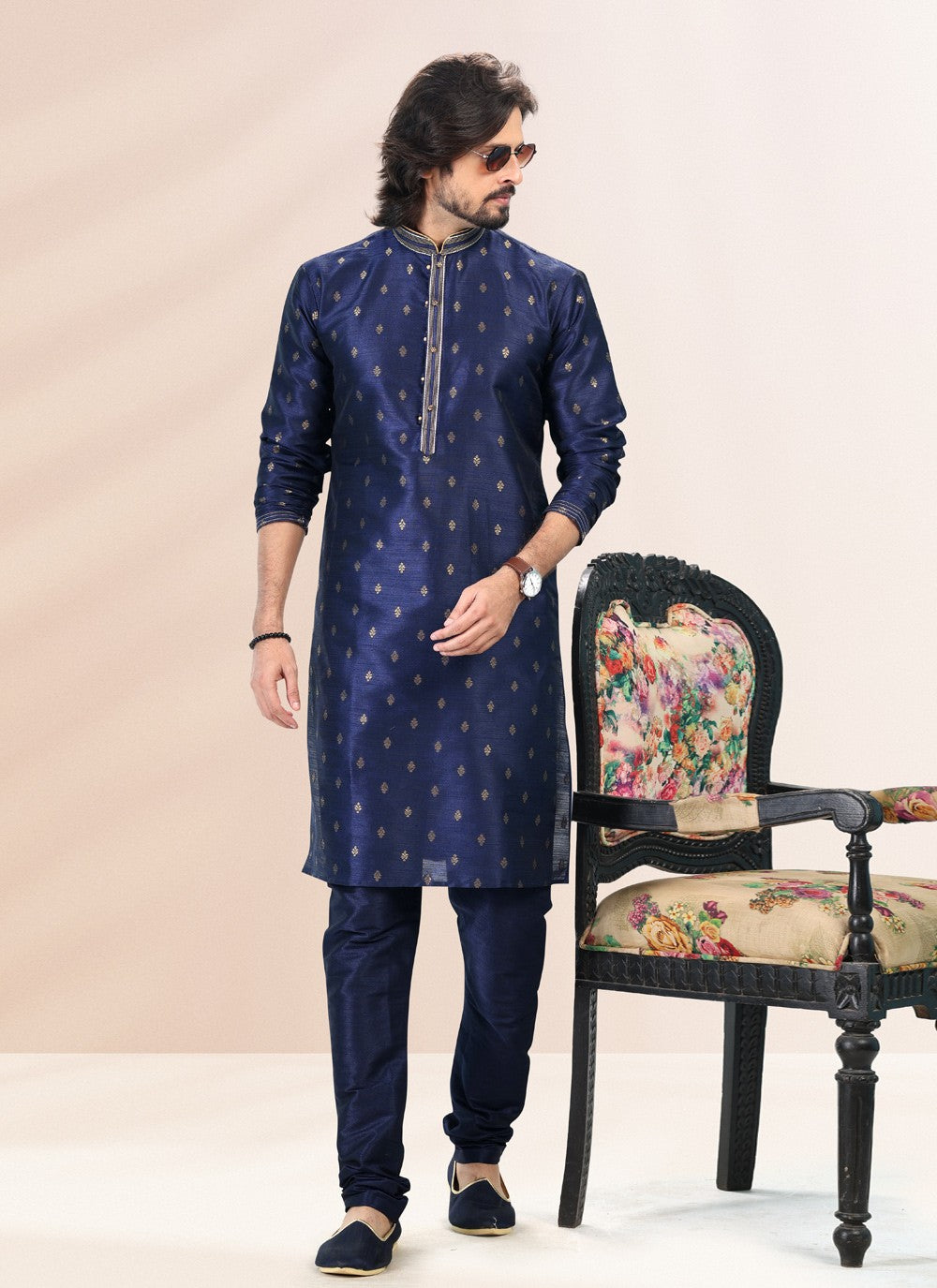 Fancy Work Banarasi Silk, Jacquard Blue Kurta Pyjama - M4844