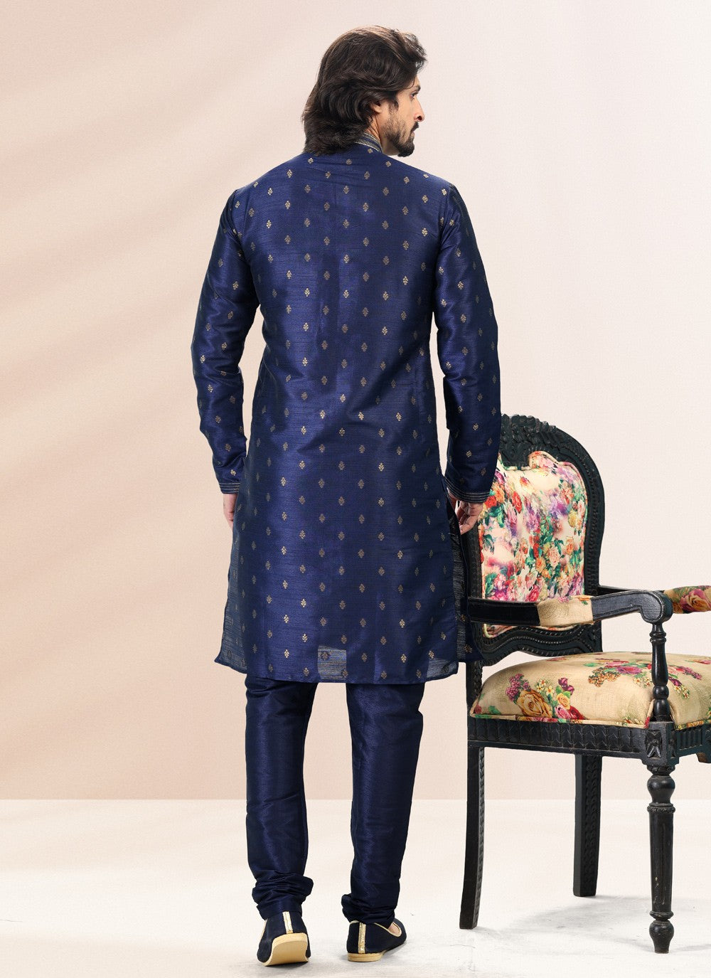 Fancy Work Banarasi Silk, Jacquard Blue Kurta Pyjama - M4844