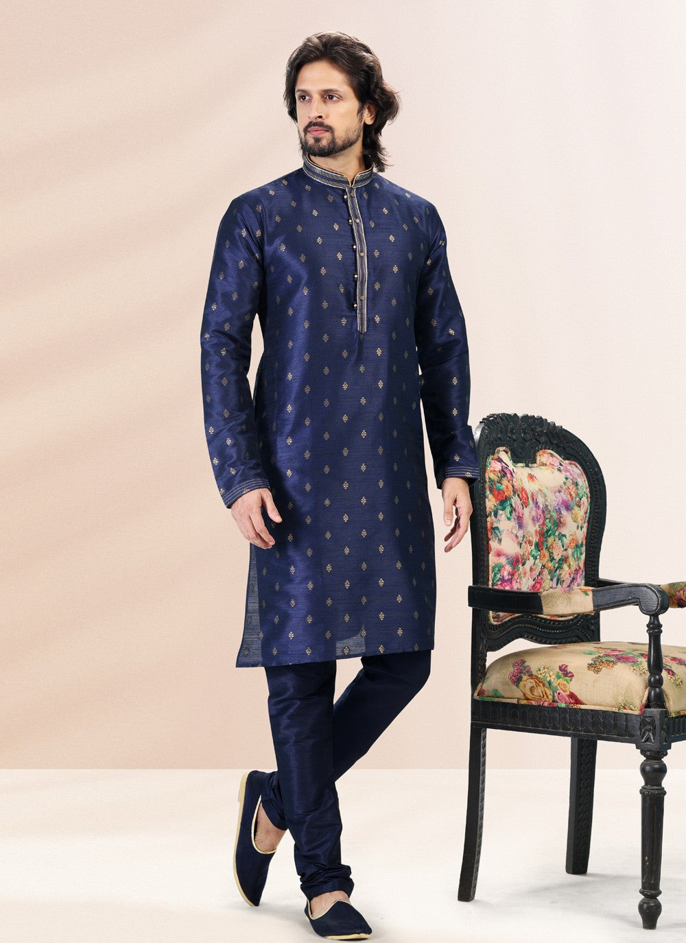 Fancy Work Banarasi Silk, Jacquard Blue Kurta Pyjama - M4844