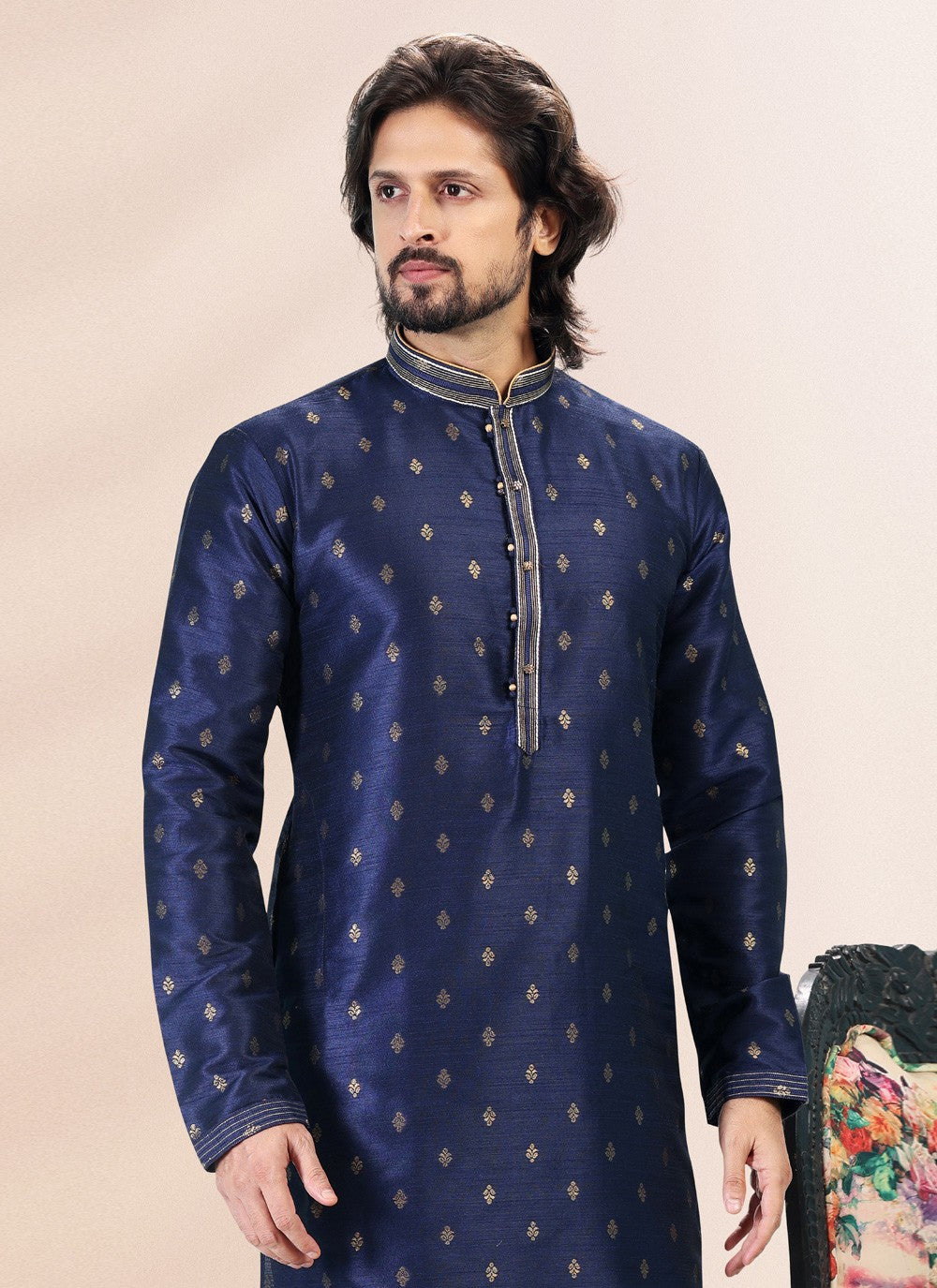 Fancy Work Banarasi Silk, Jacquard Blue Kurta Pyjama - M4844