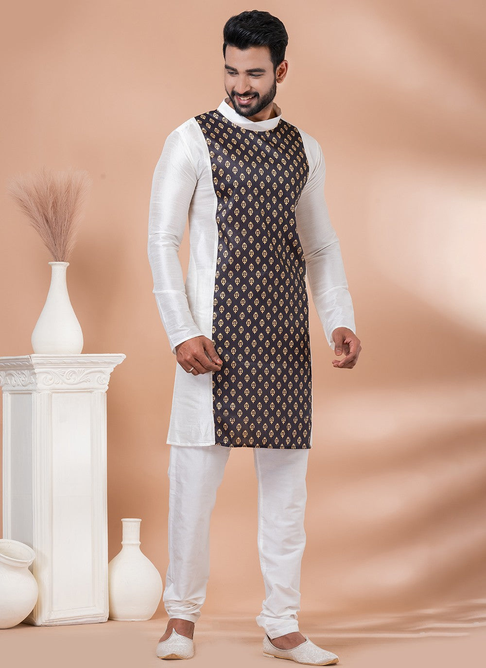 Fancy Work Banarasi Silk Brown, White Kurta Pyjama - M6978