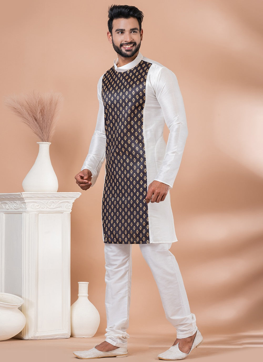 Fancy Work Banarasi Silk Brown, White Kurta Pyjama - M6978