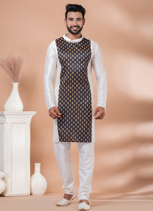 Fancy Work Banarasi Silk Brown, White Kurta Pyjama - M6978