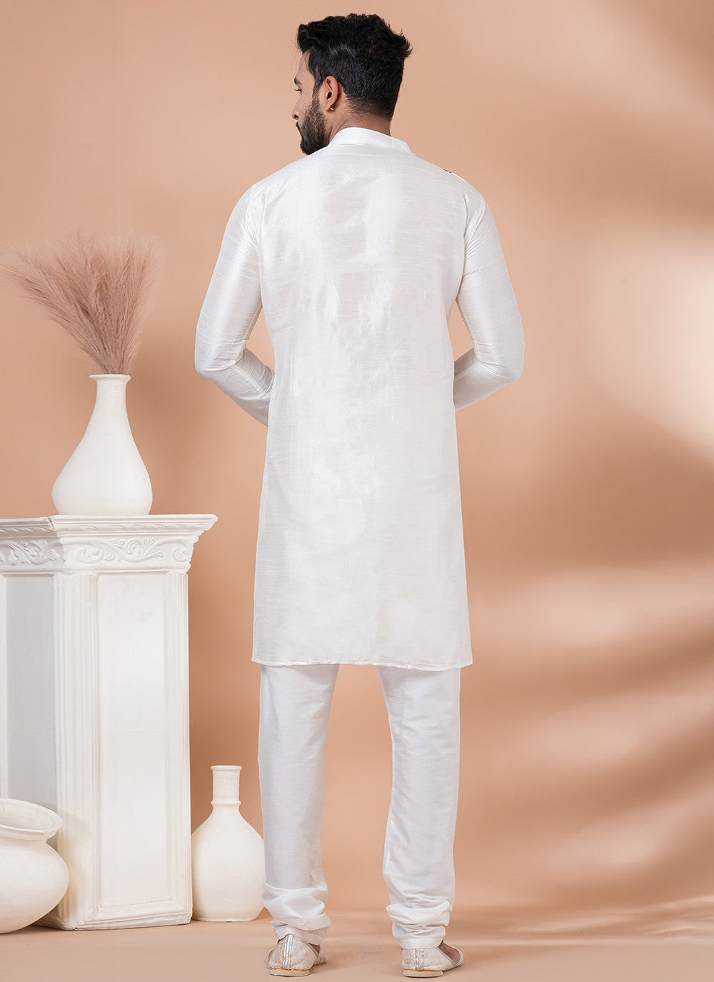 Fancy Work Banarasi Silk Brown, White Kurta Pyjama - M6978