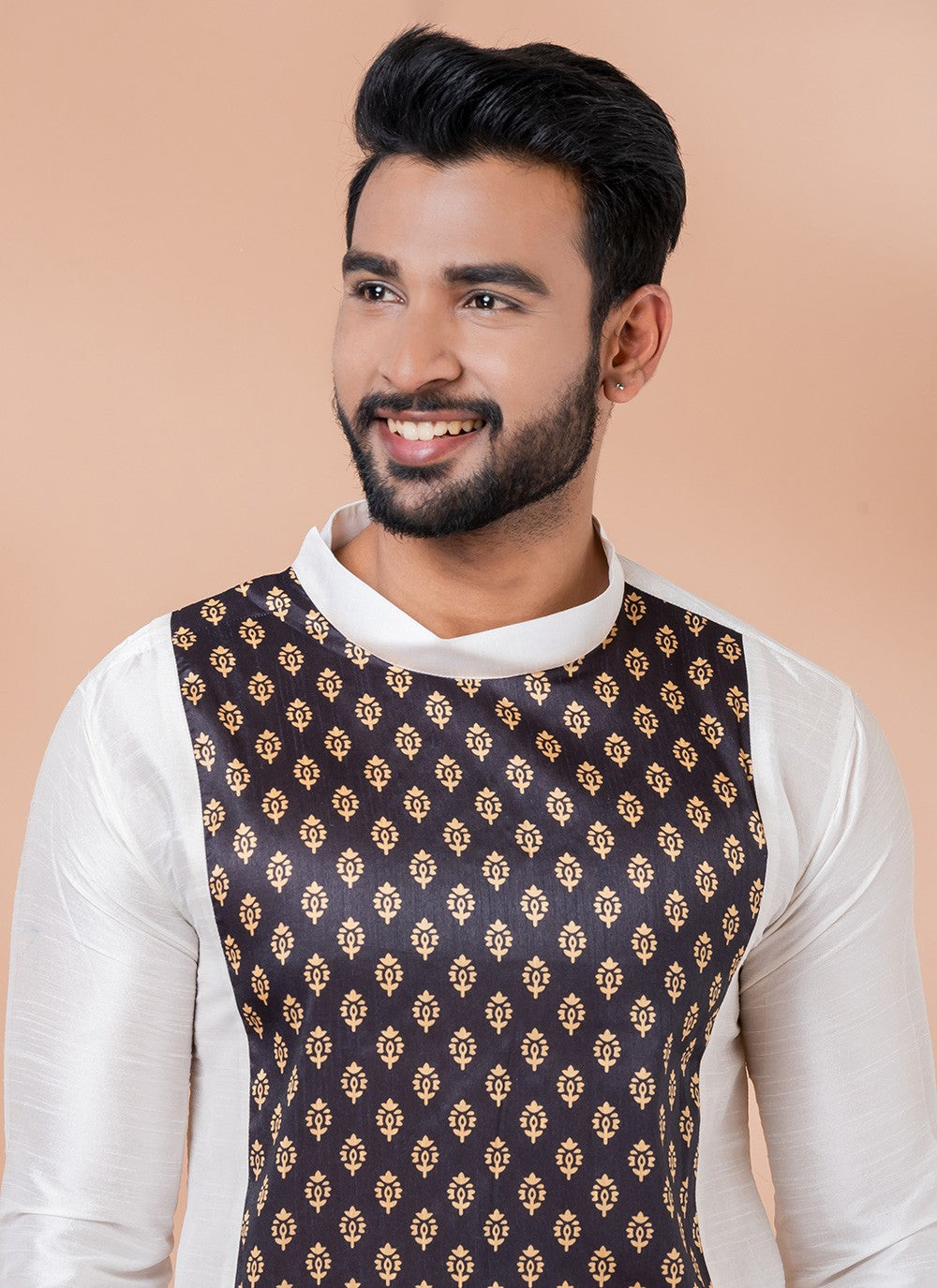 Fancy Work Banarasi Silk Brown, White Kurta Pyjama - M6978