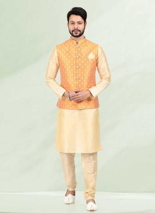 Jacquard Work Banarasi Silk, Jacquard Cream, Orange Kurta Payjama With Jacket - M4875