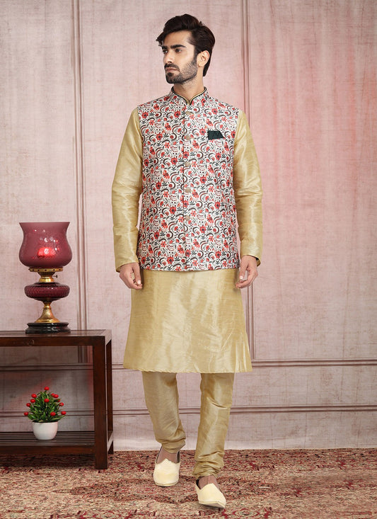 Printed Banarasi Silk Cream, Peach Kurta Payjama With Jacket - M2715