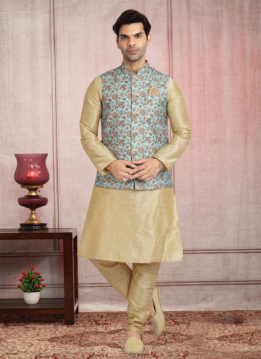 Printed Banarasi Silk Cream, Turquoise Kurta Payjama With Jacket - M2714