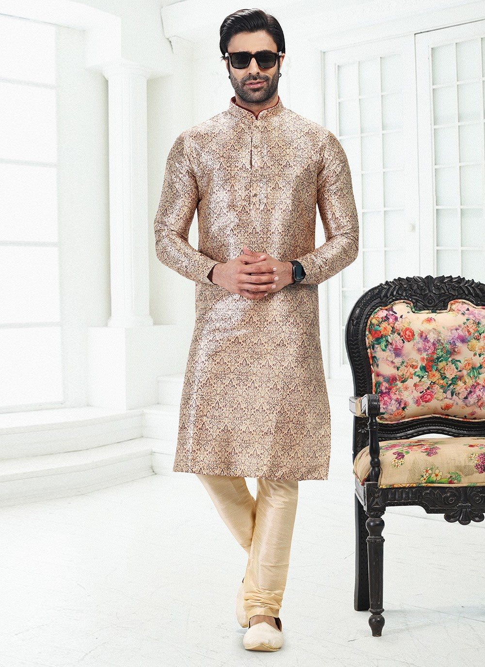 Digital Print Banarasi Silk Cream Kurta Pyjama - M4924