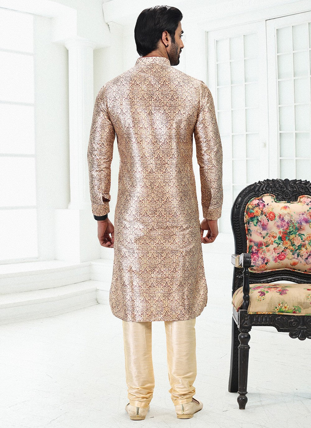 Digital Print Banarasi Silk Cream Kurta Pyjama - M4924