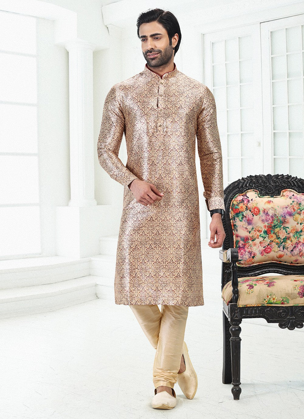 Digital Print Banarasi Silk Cream Kurta Pyjama - M4924