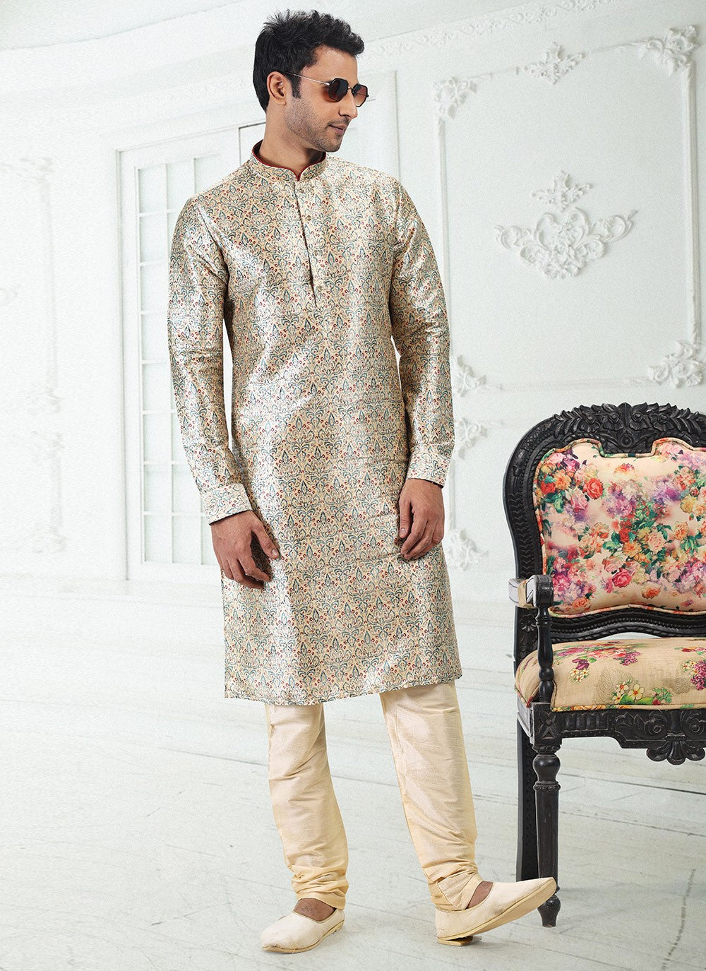 Digital Print Banarasi Silk Cream Kurta Pyjama - M4923