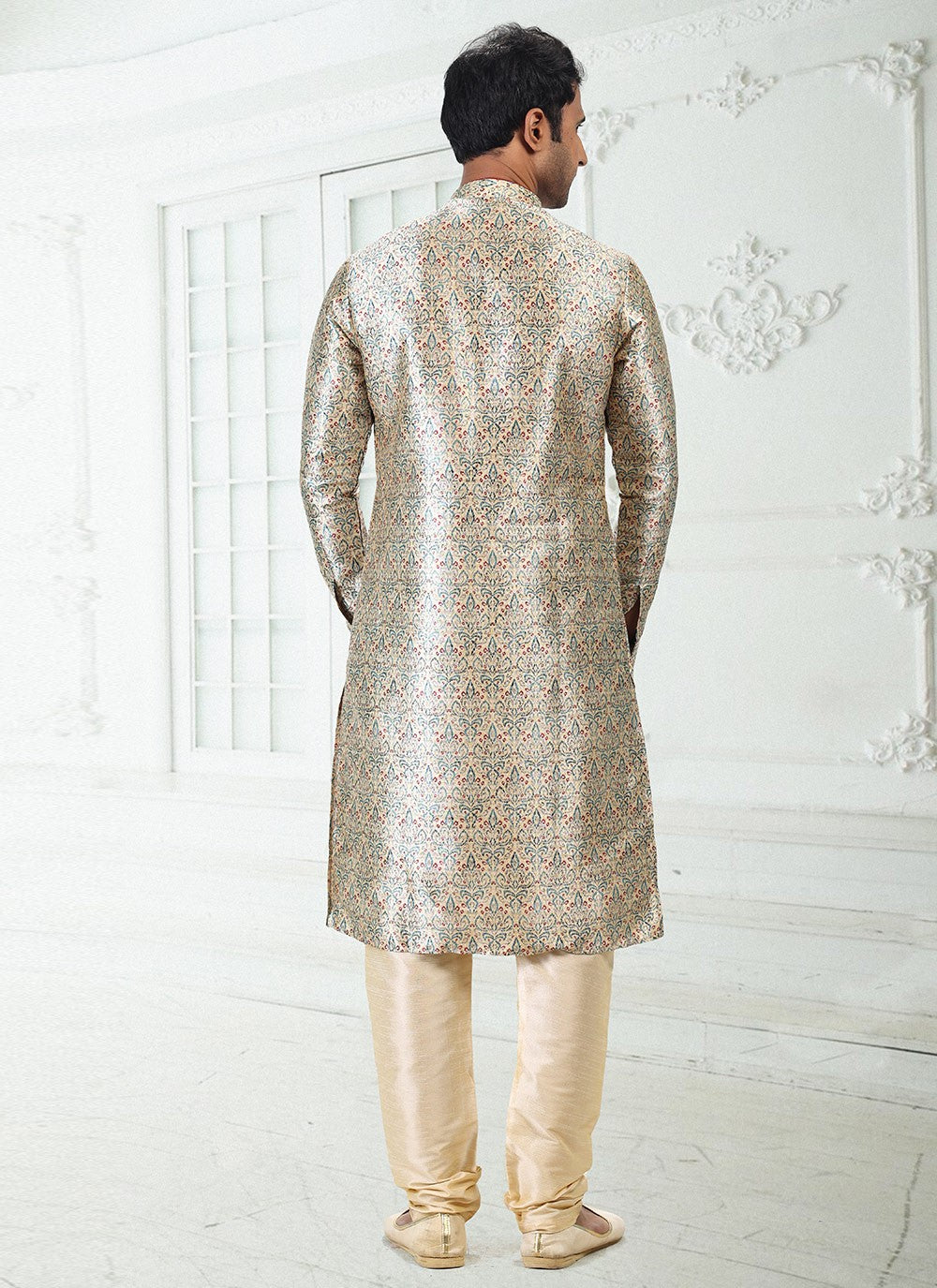 Digital Print Banarasi Silk Cream Kurta Pyjama - M4923