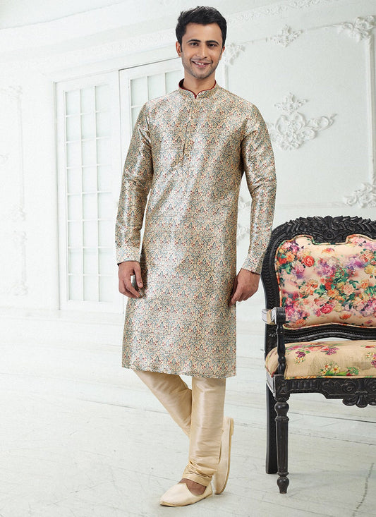 Digital Print Banarasi Silk Cream Kurta Pyjama - M4923