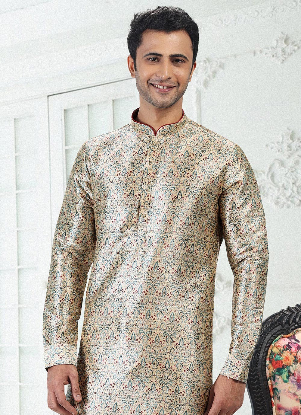 Digital Print Banarasi Silk Cream Kurta Pyjama - M4923