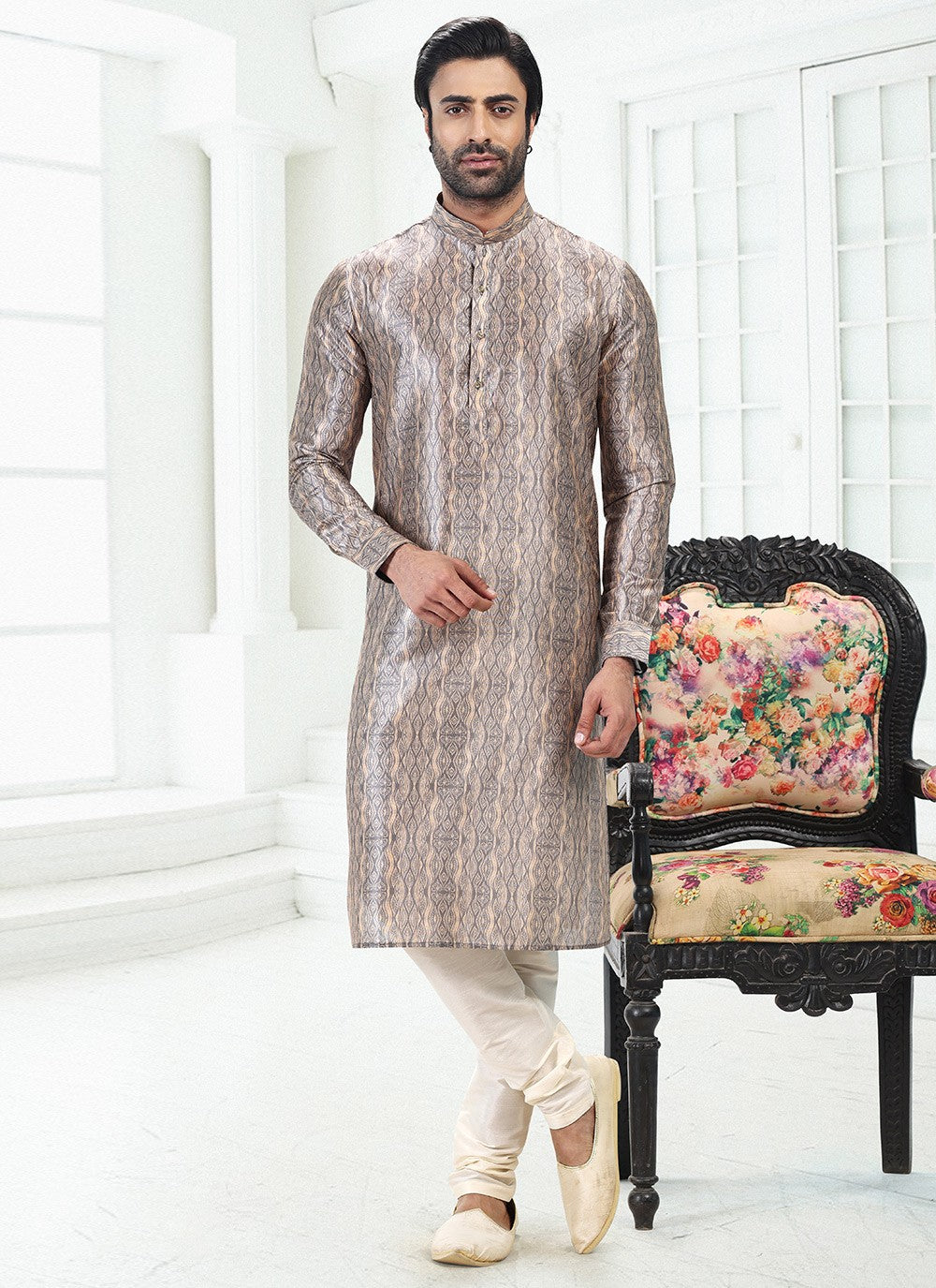 Digital Print Banarasi Silk Cream, Grey Kurta Pyjama - M4926