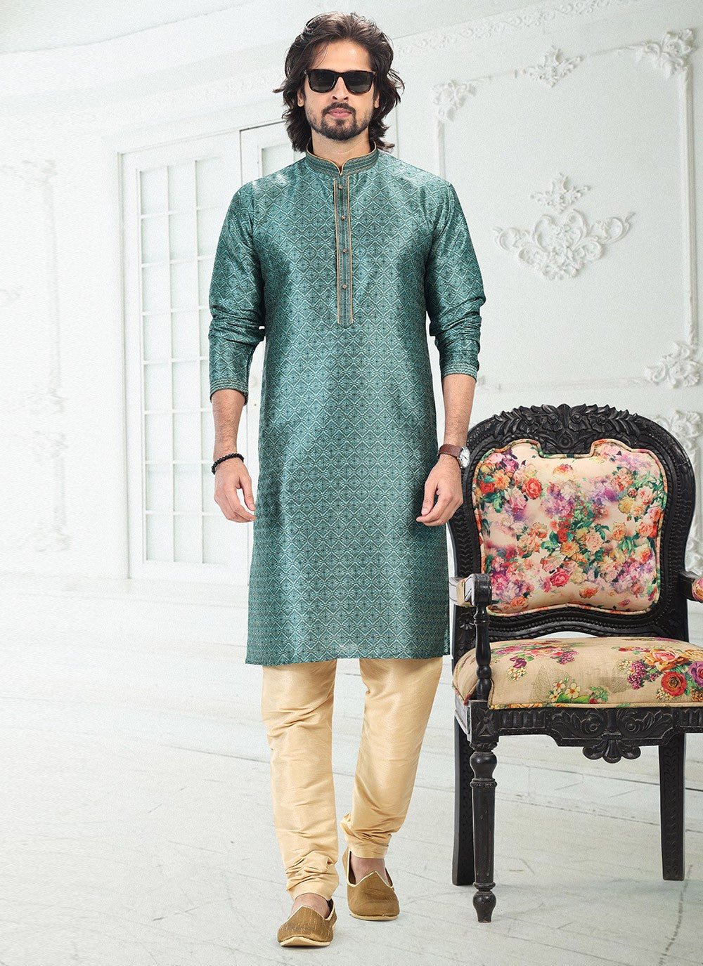 Digital Print Banarasi Silk Green Kurta Pyjama - M4920