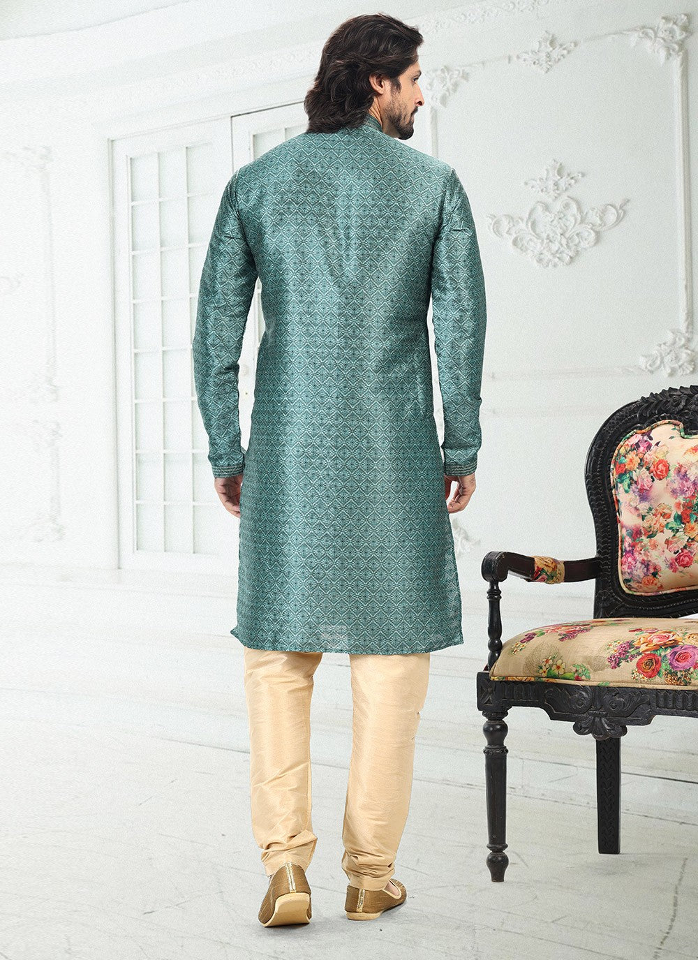 Digital Print Banarasi Silk Green Kurta Pyjama - M4920