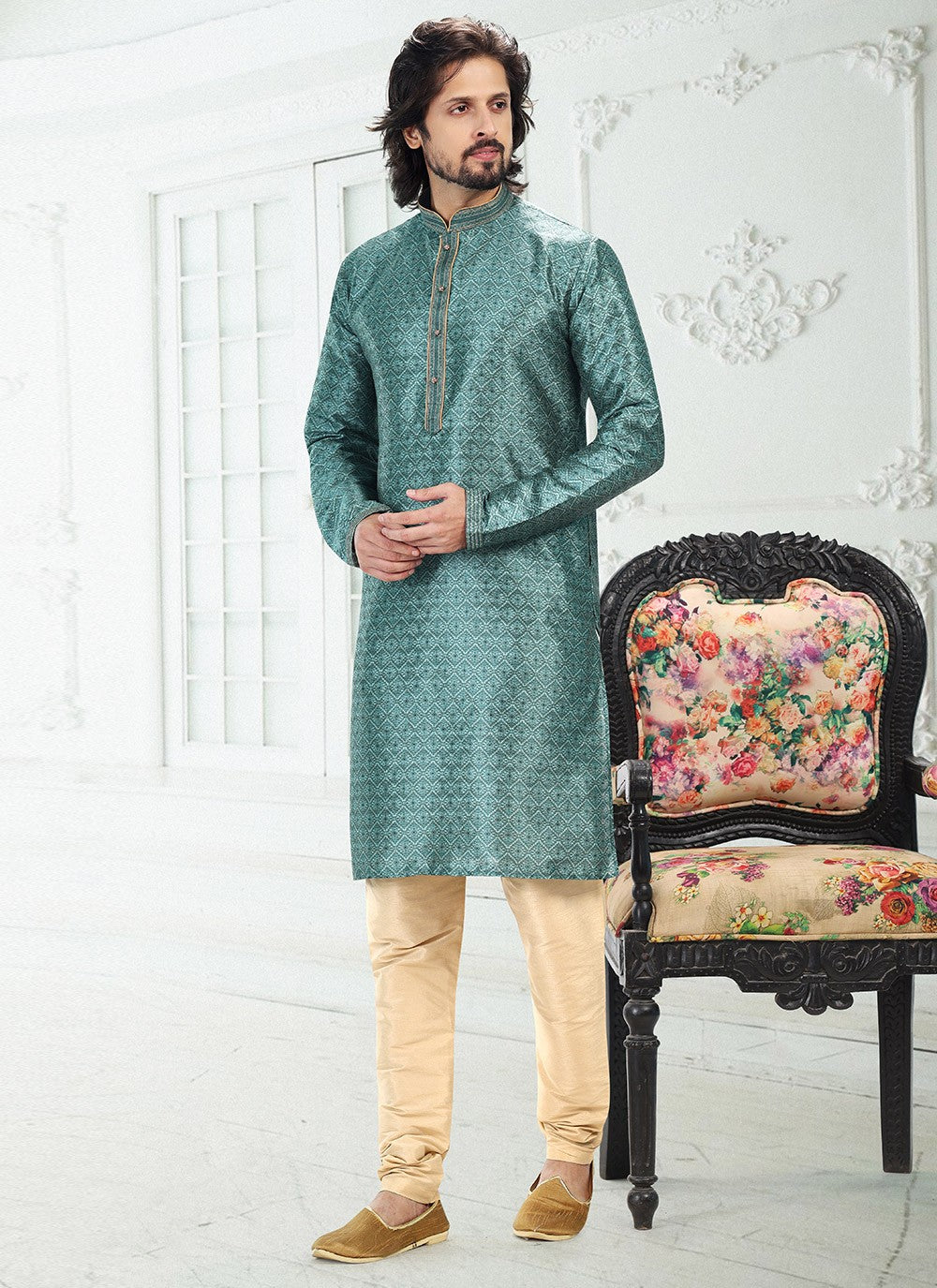 Digital Print Banarasi Silk Green Kurta Pyjama - M4920