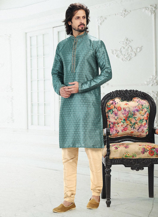 Digital Print Banarasi Silk Green Kurta Pyjama - M4920