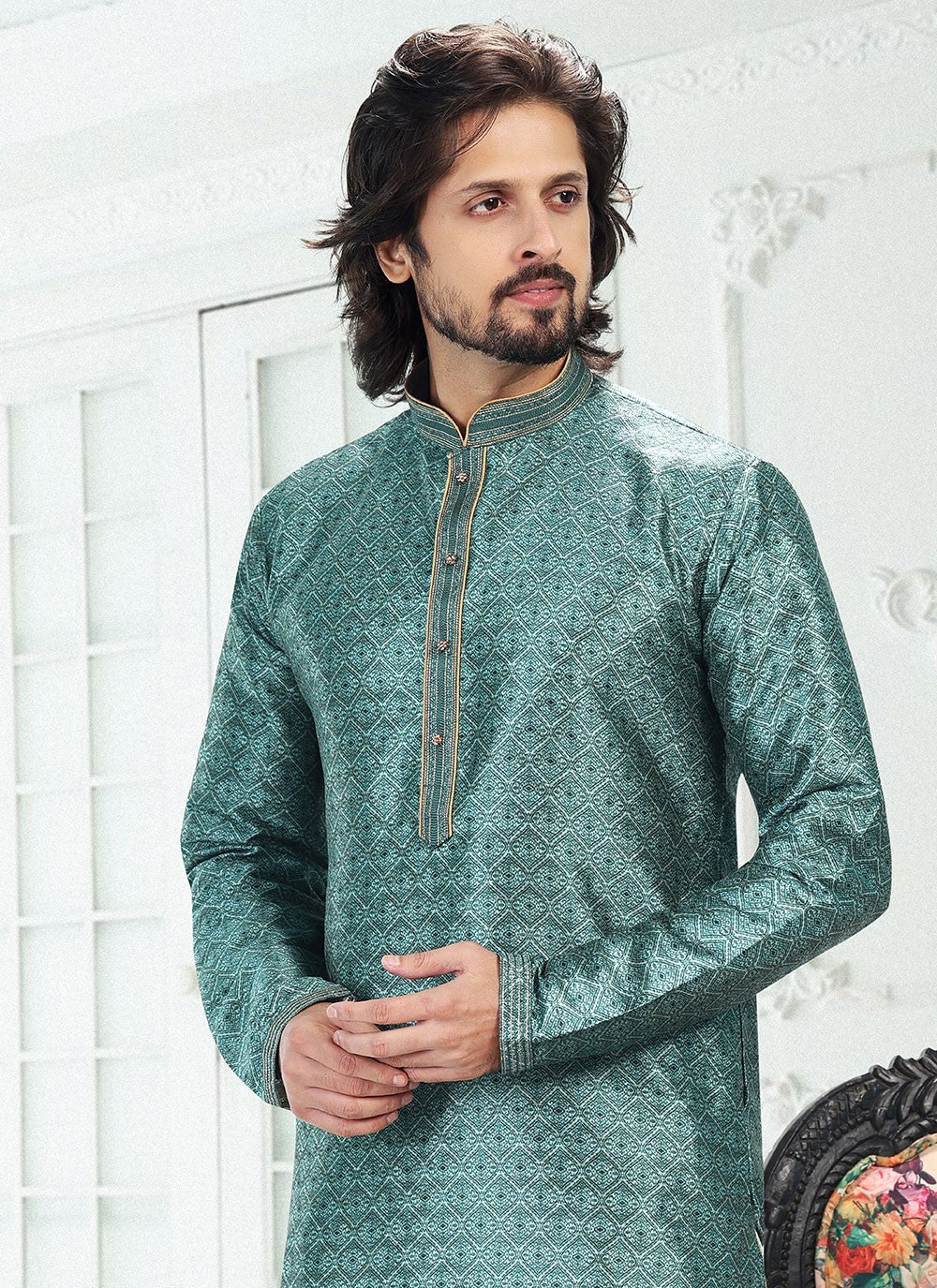 Digital Print Banarasi Silk Green Kurta Pyjama - M4920